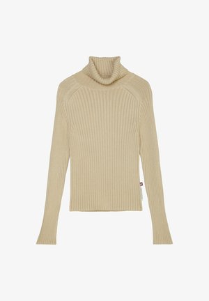 Suéter de cuello alto acanalado beige con mangas largas y cuello doblado. Presenta un ajuste ceñido y una textura suave. Detalle de etiqueta lateral visible.