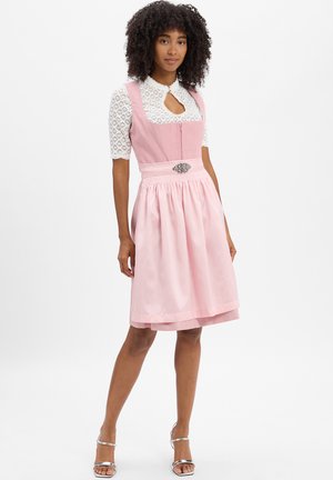 Pink dirndl dress with a fitted bodice, lace white blouse, keyhole neckline, and pleated skirt. Features decorative silver accents.
