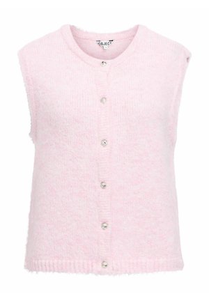 Kerge roosa ilma varrukateta kardigan, mis on valmistatud pehmest tekstureeritud kangast, sisaldades läikivaid hõbedasi nuppe ja ribatud äärega.