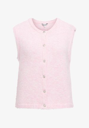 Helles rosa ärmelloses Strickjäckchen aus weichem, strukturiertem Stoff, mit einer durchgehenden Knopfleiste und glänzenden silbernen Knöpfen sowie einem gerippten Saum.