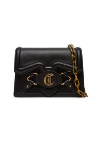Borsa a tracolla in pelle nera con design strutturato, dotata di tracolla in catena dorata, accentuata da logo e fasce decorative con dettagli in metallo.