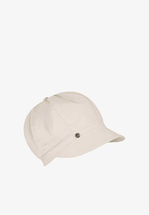 Cappellino in tessuto beige chiaro con una corta visiera curva e un piccolo dettaglio con bottone metallico sulla fascia laterale.