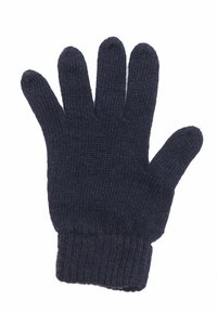 Stickad mörkblå handske med fem fingrar, ribbad manchetter och textilstruktur. Lämplig för användning i kallt väder.