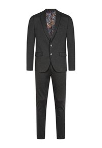 Grå skreddersydd drakt med jakke med to knapper, notched lapels og stilige mønstrede indre fôr. Slim-fit bukser fullfører antrekket.