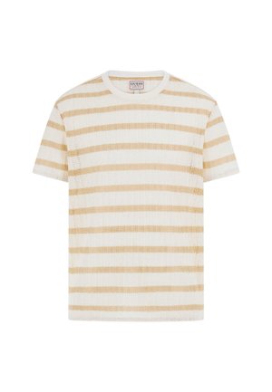 Gestreept T-shirt in crème en beige, gemaakt van een gestructureerde brei. Bevat een geribde ronde hals en korte mouwen met horizontale strepen.