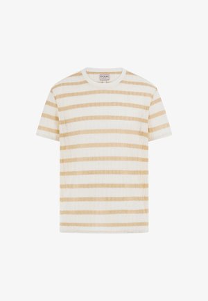 T-shirt rayé en crème et beige, fabriqué en tricot texturé. Il présente un col rond côtelé et des manches courtes avec des rayures horizontales.
