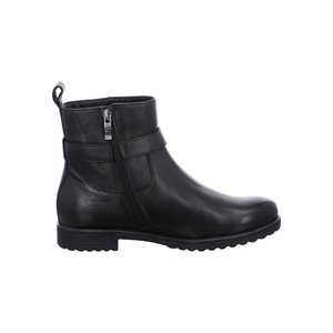 Black leather ankle boot with side zipper, low heel, pull tab at back, and rubber sole with moderate tread for grip.