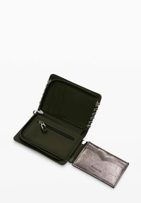 Green leather wallet with a zip closure, featuring card slots and a metallic gray card holder with a textured finish and curved accents.