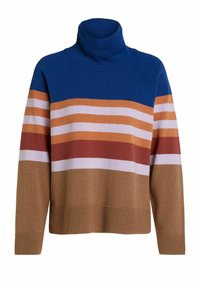 Poolokaulusneule, jonka yläosassa on sininen osa ja vaakasuoria raidat lämpimissä oranssin, ruskean, kerman ja viininpunaisen sävyissä, neulottu rakenne.