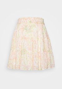 Saia em camadas em cores pastel suaves com padrões florais e paisley. Tecido macio com um cós elástico, oferecendo um ajuste relaxado e caimento.