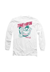 Weißes Langarm-T-Shirt mit einem Grafikmotiv von zwei Cartoon-Kindern und dem Text "TIME to WIN" in kräftigen Pink- und Türkisfarben.