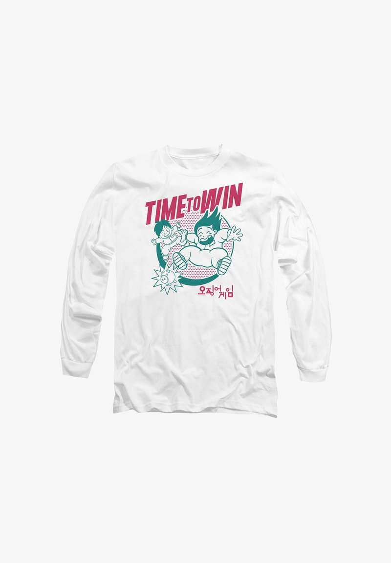 Weißes Langarm-T-Shirt mit einem Grafikmotiv von zwei Cartoon-Kindern und dem Text "TIME to WIN" in kräftigen Pink- und Türkisfarben.
