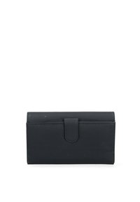 Black leather wallet with a smooth texture, rectangular shape, magnetic snap closure, and subtle stitching along the edges.
