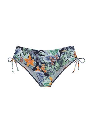 Moteriškos bikini kelnaitės su tropinių gėlinių raštu žalia, oranžine, tamsiai mėlyna spalvomis, su reguliuojamomis šoninėmis raištelėmis ir mažu prekės ženklo žymekliu.