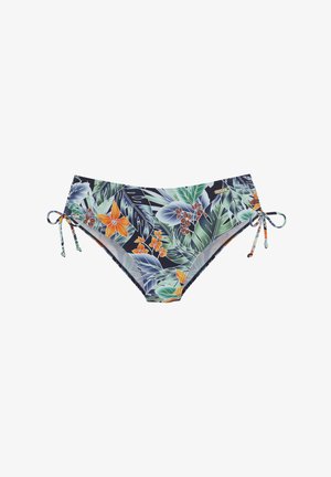 Moteriškos bikini kelnaitės su tropinių gėlinių raštu žalia, oranžine, tamsiai mėlyna spalvomis, su reguliuojamomis šoninėmis raištelėmis ir mažu prekės ženklo žymekliu.