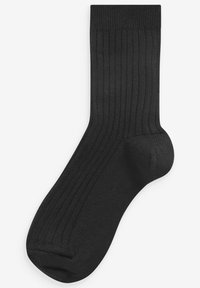 Schwarze gestreifte Socken mit glatter Textur und verstärkter Ferse. Knöchelhöhe mit einem dehnbaren Bündchen oben.