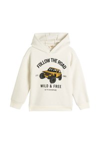 Kremowy bawełniany hoodie z grafiką żółtego pojazdu terenowego oraz napisem "ŚLEDŹ DROGĘ DZIKIE I WOLNE" w kolorze czarnym.