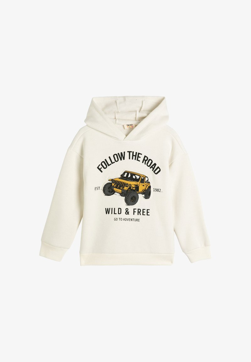 Cremfarbener Baumwoll-Hoodie mit einem Grafikdesign eines gelben Geländewagens und dem Text "FOLGE DEM WEG WILD & FREI" in Schwarz.