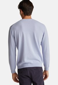 Muž v světle modrém svetru s dlouhým rukávem a tmavých kalhotách, pohledem zezadu, na jednobarevném světlém pozadí.