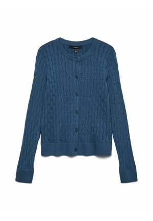 Cardigan en tricot bleu avec un motif torsadé texturé, col rond et manches longues. Présente une fermeture à boutons sur le devant ainsi que des poignets et un ourlet côtelés.