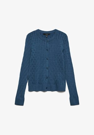Cardigan en tricot bleu avec un motif torsadé texturé, col rond et manches longues. Présente une fermeture à boutons sur le devant ainsi que des poignets et un ourlet côtelés.