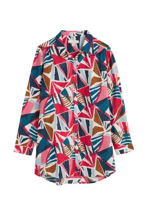 Long-sleeve shirt featuring a colorful geometric pattern in pink, teal, blue, brown, and white. Button-down front with a collared neck.