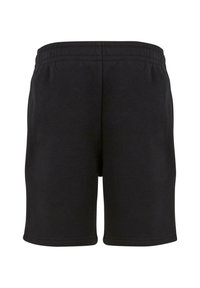 Čierne športové šortky s elastickým pásom, hladkou textúrou, dĺžkou po kolená a bez viditeľných vreciek či ozdôb.