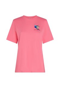 Kortærmet, pink bomulds t-shirt med et blåt stjernemotiv og gul grafik. Klassisk pasform med rund hals. Blød tekstur.