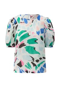 Mehrfarbige Bluse mit Puffärmeln, die ein Blattmuster in Grün-, Blau-, Pink- und Schwarztönen auf einem hellen Hintergrund zeigt. Strukturierter Stoff.