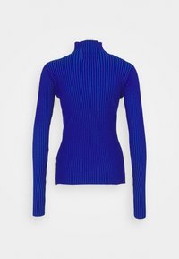 Ribattu turtleneck paita eloisan sinisessä, jossa on pitkät hihat ja tiukka muotoilu, sekä korkea kaulus, joka luo virtaviivaisen ilmeen.