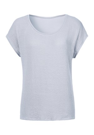 Lichtblauw T-shirt met korte mouwen, gemaakt van een textuur en ademend materiaal, met een ronde halslijn en een losvallende pasvorm. Minimale naden en geen patronen.