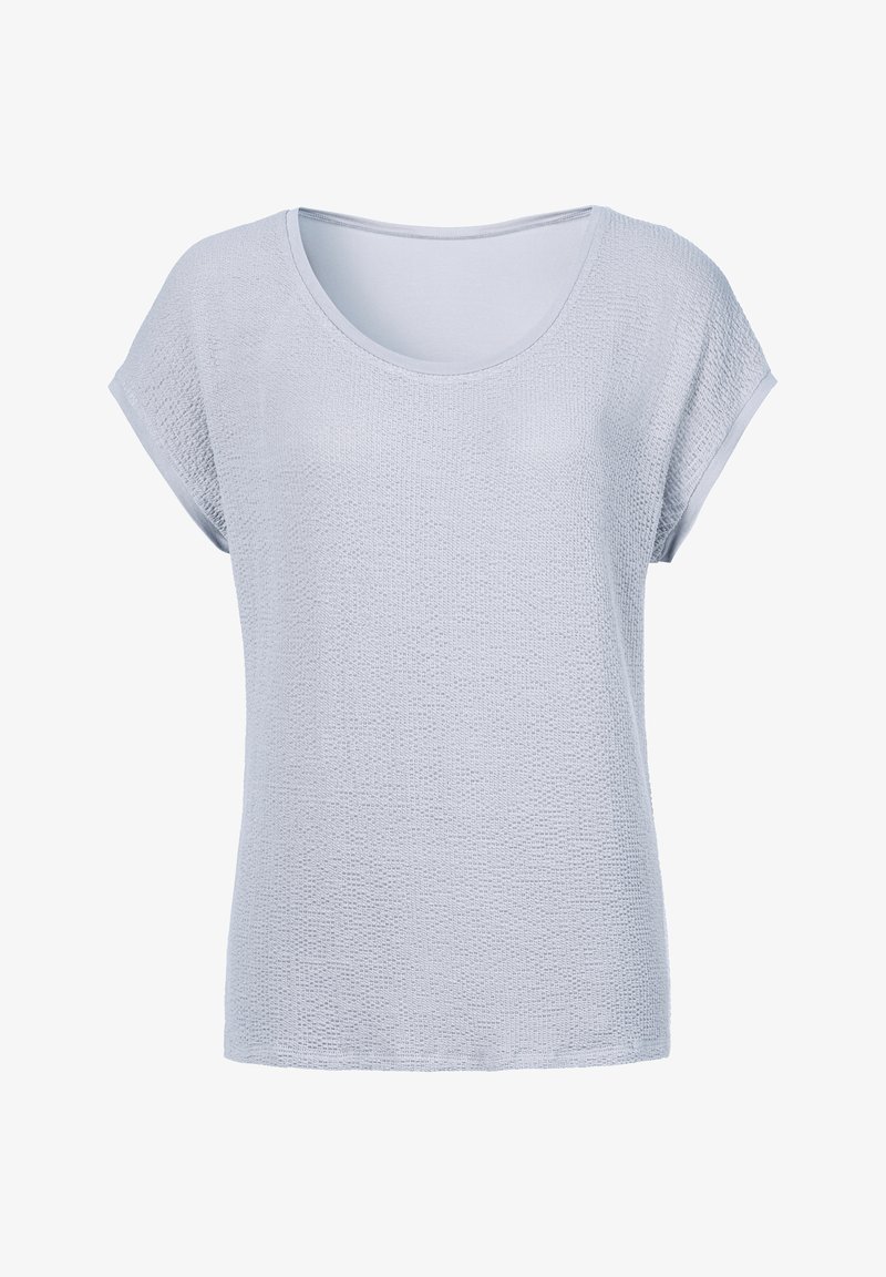 Lichtblauw T-shirt met korte mouwen, gemaakt van een textuur en ademend materiaal, met een ronde halslijn en een losvallende pasvorm. Minimale naden en geen patronen.