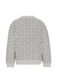 Maglione grigio lavorato a maglia con un motivo a monogramma ripetuto, polsini e orlo a coste, e collo rotondo.