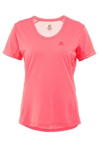 Short-sleeve athletic t-shirt in bright pink, made from lightweight fabric. Features a crew neck and a subtle logo on the chest.