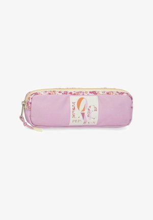 Estuche rectangular rosa con ribete floral, cierre de cremallera y logotipo "Love Pepe Jeans" en fuentes mixtas en el centro delantero.