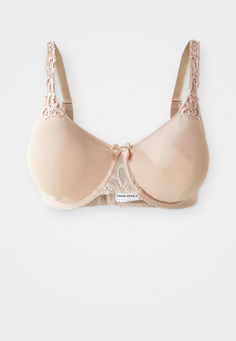 Bežna žica z oblikovanimi skodelicami, čipkastimi detajli na naramnicah in osrednjo pentljo. Ima nastavljive naramnice in oznako "Simone Pérèle".