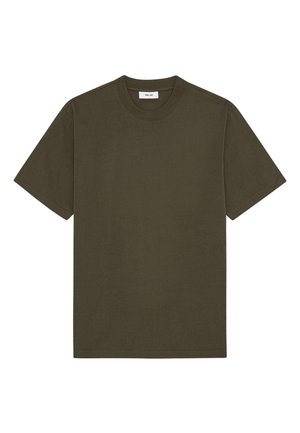 Khakigrön bomulls t-shirt med rund halsringning, korta ärmar och rak nederkant. Mjuk textur med minimal loggetikett på kragen.