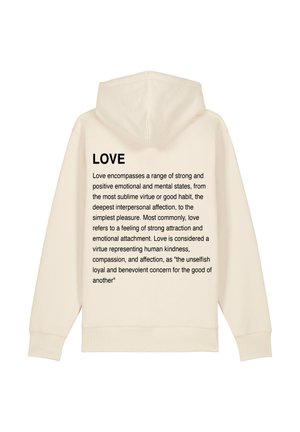 Krēmkrāsas džemperis ar lieliem melniem burtiem uz aizmugures, kas definē "Mīlestība". Tam ir auklahood un ribotas aproces un apakšmala. Mīksta auduma tekstūra.