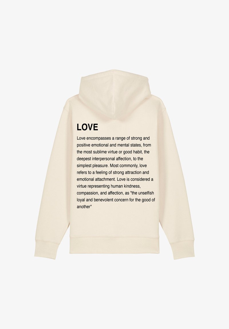 Krēmkrāsas džemperis ar lieliem melniem burtiem uz aizmugures, kas definē "Mīlestība". Tam ir auklahood un ribotas aproces un apakšmala. Mīksta auduma tekstūra.