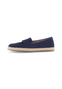 Marineblauwe instapschoenen met een gladde suède afwerking, voorzien van een geweven jute zool en twee decoratieve banden over de wreef.