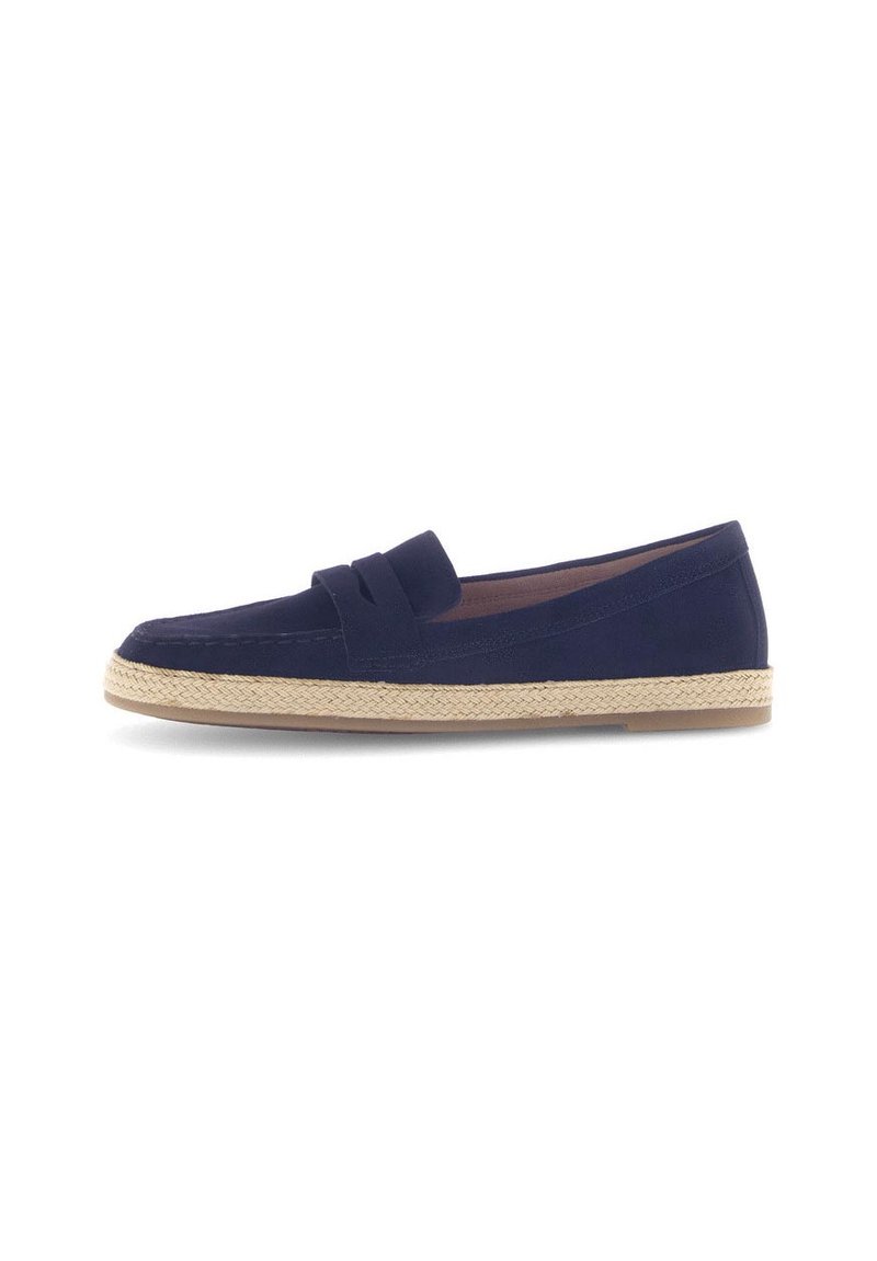 Marineblauwe instapschoenen met een gladde suède afwerking, voorzien van een geweven jute zool en twee decoratieve banden over de wreef.