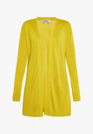 Gelbes Cardigan aus leichtem, strukturiertem Strick, mit offener Front, langen Ärmeln und entspanntem Schnitt. Das Etikett trägt die Aufschrift "Sidona".