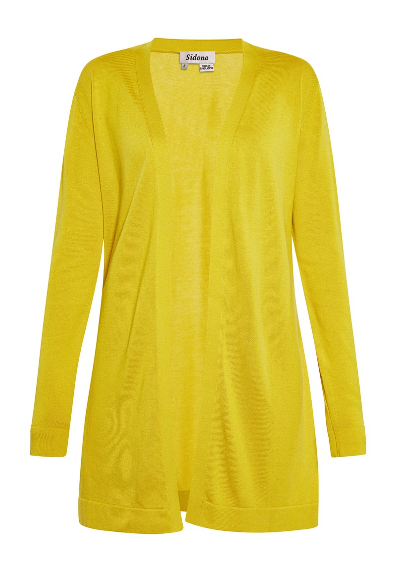 Cardigan galben, realizat dintr-un tricot ușor, texturat, cu un design deschis în față, mâneci lungi și o croială relaxată. Eticheta spune "Sidona."