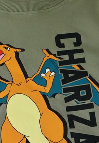 Olivgrüner Sweatshirt mit einem lebendigen Charizard-Graphic in Orange und Blau, dazu große schwarze "CHAR"-Schrift. Weicher Stoff, Rundhalsausschnitt.