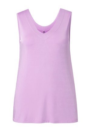 Lavendrowy top bez rękawów z dekoltem w serek i gładką tkaniną, zaprojektowany do noszenia na co dzień.