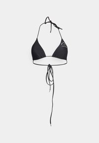 Svart trekant bikinioverdel med justerbare bånd rundt hals og rygg. Glatt stoff, minimalistisk design, med en diskret logo detalj på den ene siden.
