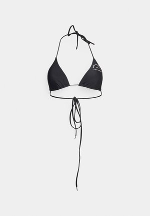 Black triangle bikini top with adjustable neck and back ties. Smooth fabric, minimalistic design, featuring a subtle logo detail on one side.