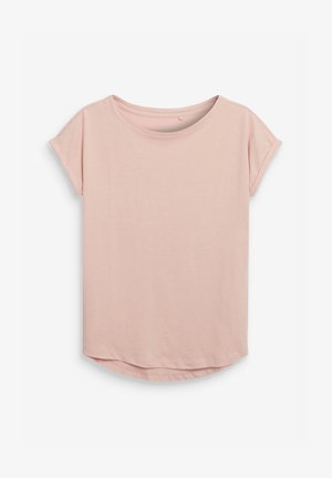 Camiseta de manga corta rosa claro con cuello redondo y dobladillo ligeramente curvado, hecha de una tela suave y transpirable.