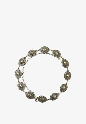 Collana in catena di bronzo con pendenti ovali ornati da motivi floreali e accenti centrali. Ogni pendente è collegato da segmenti di catena.