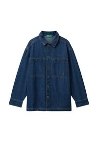 Modrá džínsová bunda na knoflíky s dlouhými rukávy, dvěma předními kapsami na hrudi a klasickým límcem.
